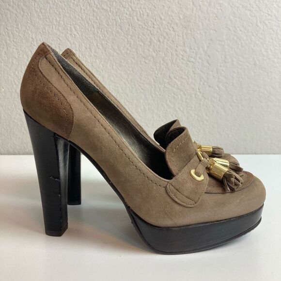 Stuart Weitzman Brown Taupe Suede Pumps Tassup Platform Heels with Tassel sz 5.5 - Picture 3 of 8